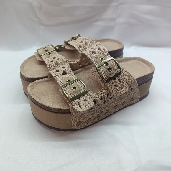 Madden Girl Shoes - Madden Girl Crochet Double Strap Platform Sandals Tan Boho Buckle Slides 6.5